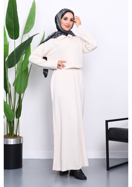 Krem Gömlek Yaka Düğmeli Triko Etekli Takım fiyatları