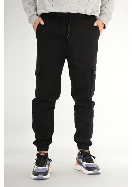 Erkek Siyah Kargo Cepli Jogger Pantolon Rahat Kesim Pamuklu Lastikli Paça