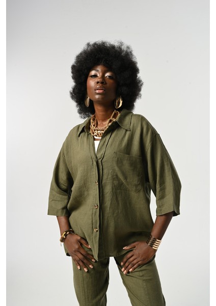 Kadın %100 Keten Truvakar Kollu Düz Renk Tek Cepli Gömlek