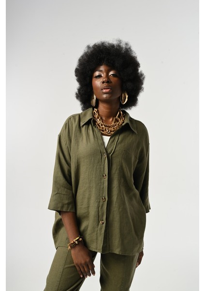 Kadın %100 Keten Truvakar Kollu Düz Renk Tek Cepli Gömlek fiyatları