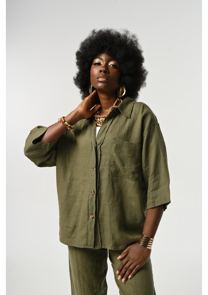 Kadın %100 Keten Truvakar Kollu Düz Renk Tek Cepli Gömlek modelleri