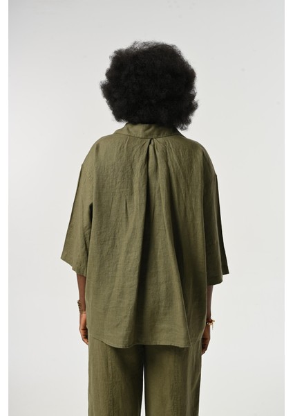 Kadın %100 Keten Truvakar Kollu Düz Renk Tek Cepli Gömlek indirimleri
