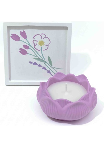 El Yapımı Lavanta Kokulu Dekoratif Mum – Çiçek Desenli Beton Tabağı ile Set | Lila Lotus Tasarım | Hediye ve Dekor Için Özel modelleri