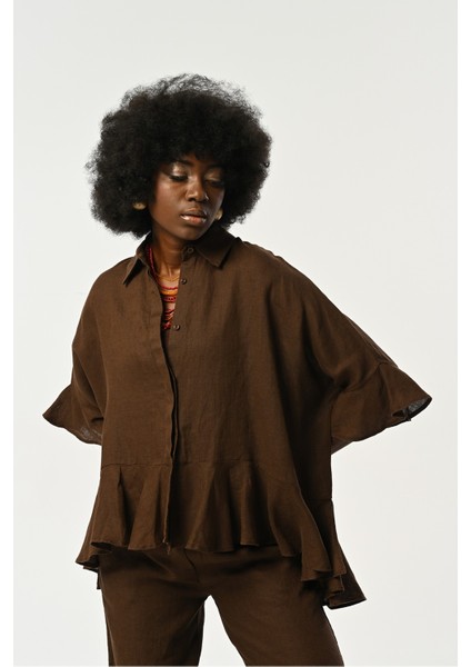 Kadın %100 Keten Altı ve Kolları Fırfırlı Kahverengi Gömlek