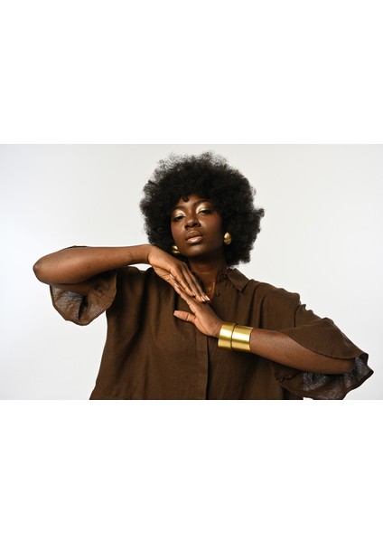 Kadın %100 Keten Altı ve Kolları Fırfırlı Kahverengi Gömlek fiyatları