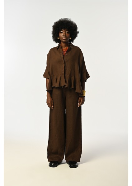 Kadın %100 Keten Altı ve Kolları Fırfırlı Kahverengi Gömlek fırsatları