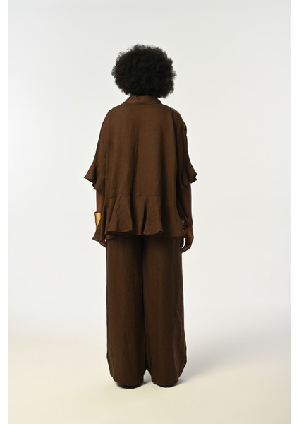 Kadın %100 Keten Altı ve Kolları Fırfırlı Kahverengi Gömlek indirimleri