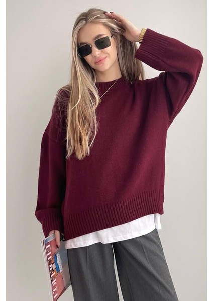 Bordo Bisiklet Yaka Yumuşak Dokulu Oversize Triko Kazak