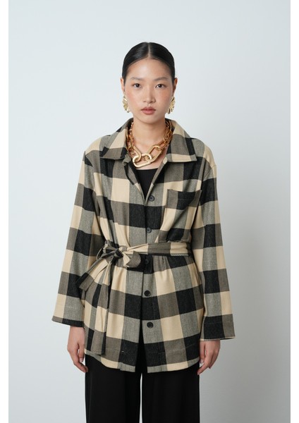 Kadın Ekose Desenli Tek Cepli Kuşaklı Tesettür Gömlek-Ceket