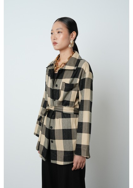 Kadın Ekose Desenli Tek Cepli Kuşaklı Tesettür Gömlek-Ceket fiyatları