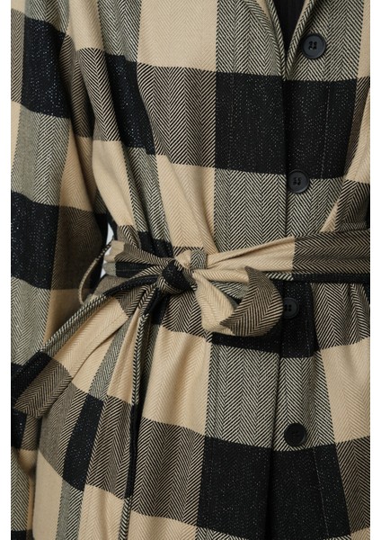 Kadın Ekose Desenli Tek Cepli Kuşaklı Tesettür Gömlek-Ceket modelleri