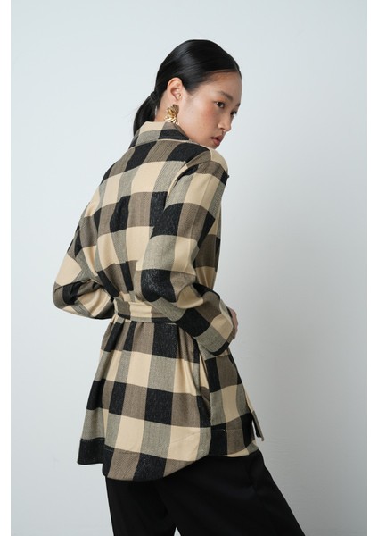 Kadın Ekose Desenli Tek Cepli Kuşaklı Tesettür Gömlek-Ceket fırsatları