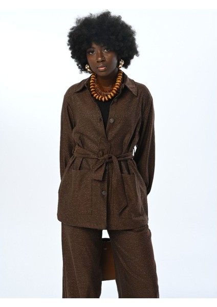 Kadın Çift Cepli Simli Kuşaklı Gömlek