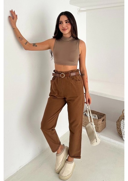 Yıkamalı Pamuk Yağmur Gabardin Yüksek Bel Pantolon Kahverengi