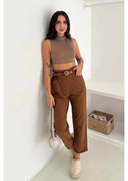 Yıkamalı Pamuk Yağmur Gabardin Yüksek Bel Pantolon Kahverengi fiyatları