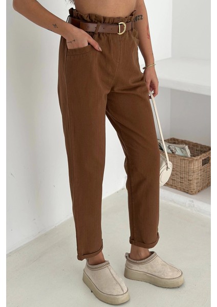 Yıkamalı Pamuk Yağmur Gabardin Yüksek Bel Pantolon Kahverengi modelleri