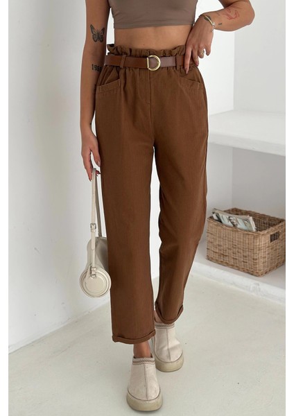 Yıkamalı Pamuk Yağmur Gabardin Yüksek Bel Pantolon Kahverengi fırsatları
