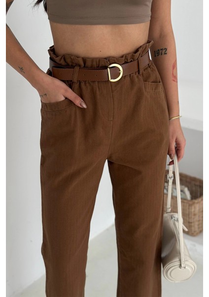 Yıkamalı Pamuk Yağmur Gabardin Yüksek Bel Pantolon Kahverengi indirimleri