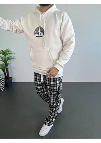 Erkek Oversize Üç Iplik Kapüşonlu Sweatshirt – Beyaz Ön Baskılı, Kanguru Cepli, Rahat Kalıp, Içi Pamuklu Model