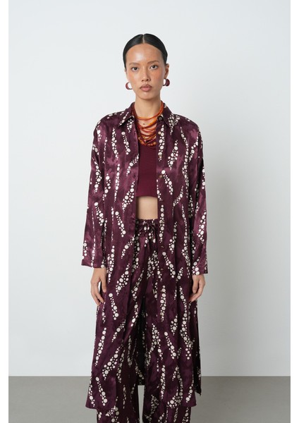 Kadın Bordo Renk Desenli Uzun Tunik Tesettür Gömlek - Elbise