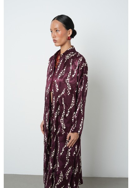 Kadın Bordo Renk Desenli Uzun Tunik Tesettür Gömlek - Elbise modelleri