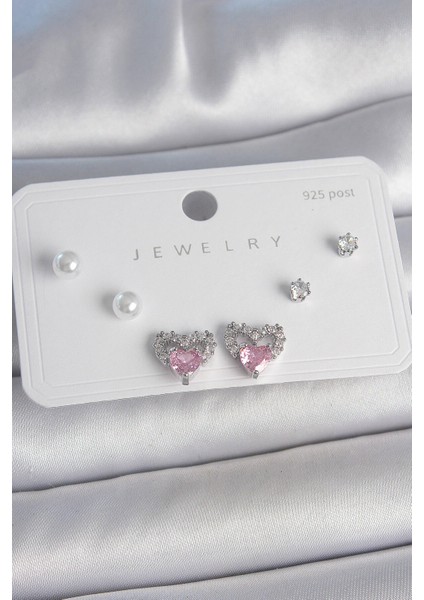 Pirinç Gümüş Renk Pembe Zirkon Taşlı Kalp Model İnci Detay 925 Ayar Gümüş Çivi Kadın Küpe Seti