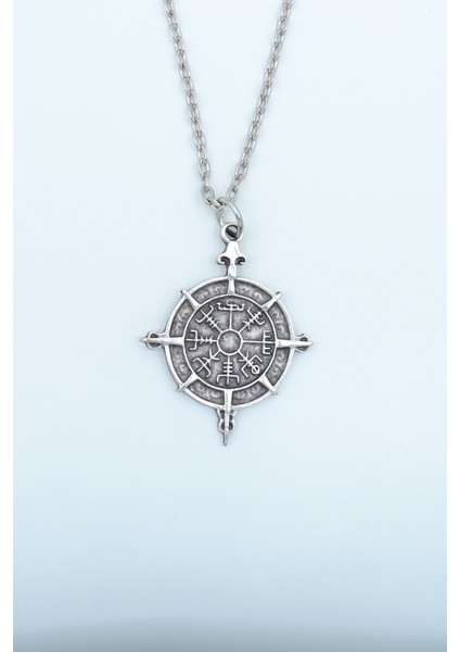 Viking Vegvisir Pusula Gümüş Kaplama Düz Zincir Kolye