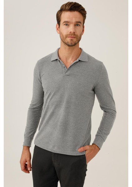 Antrasit Standart Fit Dar Kalıp Polo Yaka Düz Uzun Kollu Triko