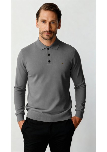 Gri Standart Fit Dar Kalıp Polo Yaka Düz Uzun Kollu Rayon Triko