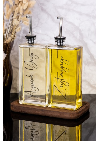 2li Lüx 500ML Yağdanlık Ahşap Standlı Silver Kapak Cam Yağlık Zeytinyağı Ayçiçekyağı Sosluk Sirkelik