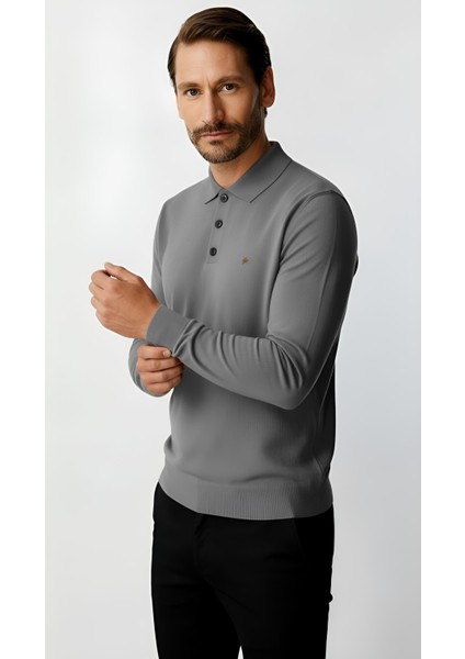 Gri Standart Fit Dar Kalıp Polo Yaka Düz Uzun Kollu Rayon Triko fiyatları