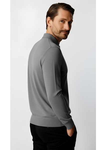 Gri Standart Fit Dar Kalıp Polo Yaka Düz Uzun Kollu Rayon Triko modelleri