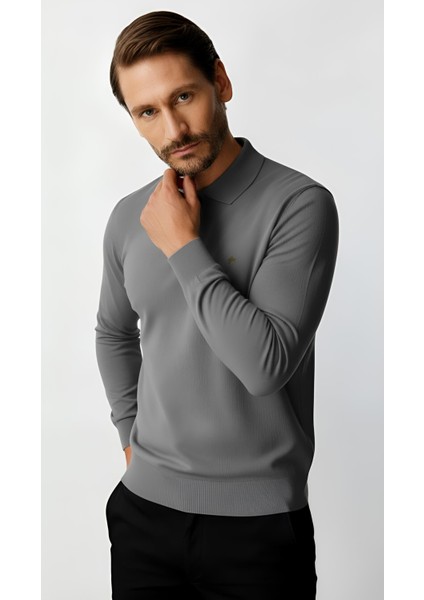Gri Standart Fit Dar Kalıp Polo Yaka Düz Uzun Kollu Rayon Triko fırsatları