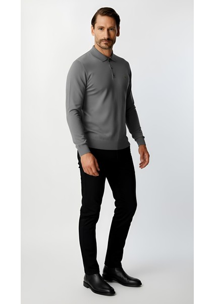 Gri Standart Fit Dar Kalıp Polo Yaka Düz Uzun Kollu Rayon Triko indirimleri