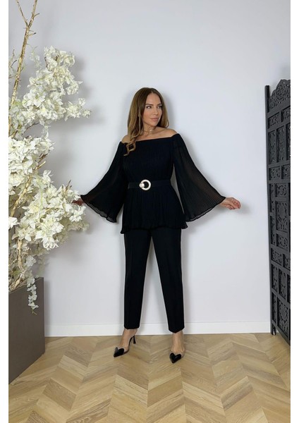G1610 Piliseli Şifon Bluzlu Pantolon Takım Siyah