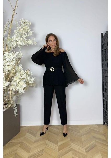 G1610 Piliseli Şifon Bluzlu Pantolon Takım Siyah fiyatları