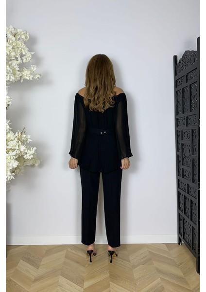 G1610 Piliseli Şifon Bluzlu Pantolon Takım Siyah modelleri
