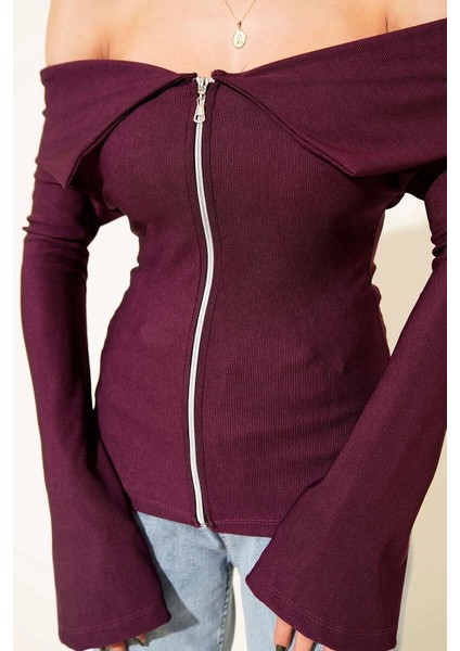 Omzu Açık Fermuarlı Bluz Mürdüm T4330 fırsatları