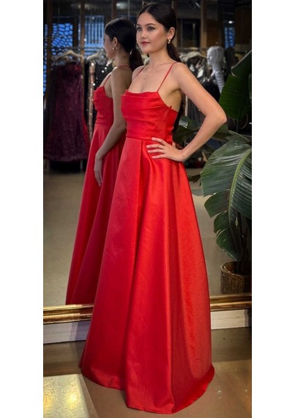 Kırmızı Degaje Yaka Ip Askılı Sırt Dekolteli Kloş Etekli Saten Uzun Abiye Elbise 11104-03 fiyatları