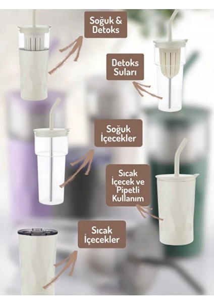 H2O 5'i 1 Yerde Çelik Pipetli Cam Detox Kupa Temizleyici Hediyeli 650 ml fiyatları