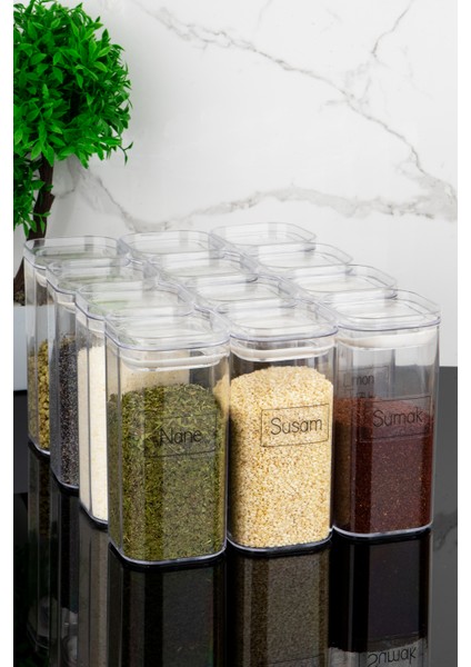 12'li Şeffaf Baharat Etiketli 300 ml Vakum Sızdırmaz Kapaklı Mika Baharatlık Seti fırsatları