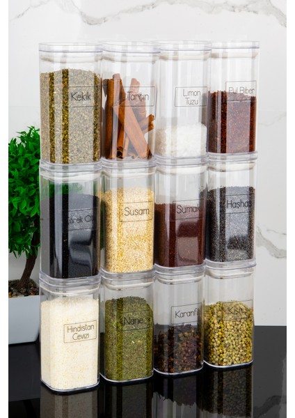12'li Şeffaf Baharat Etiketli 300 ml Vakum Sızdırmaz Kapaklı Mika Baharatlık Seti indirimleri