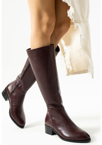 Anastasia Bordo Renkli Hakiki Deri Fermuarlı Kadın Çizme