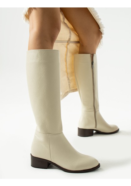 Anastasia Ekru Renkli Hakiki Deri Fermuarlı Kadın Çizme