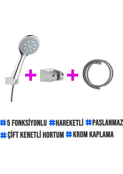 | Dushlux 5 Fonksiyonlu Parlak Krom El Duşu 3’lü Set - Hortum + Mafsal + El Duşu fiyatları