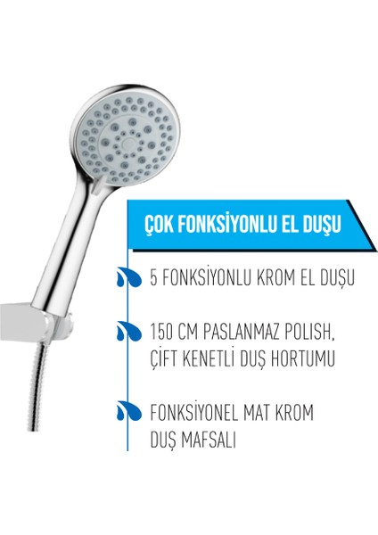 | Dushlux 5 Fonksiyonlu Parlak Krom El Duşu 3’lü Set - Hortum + Mafsal + El Duşu modelleri