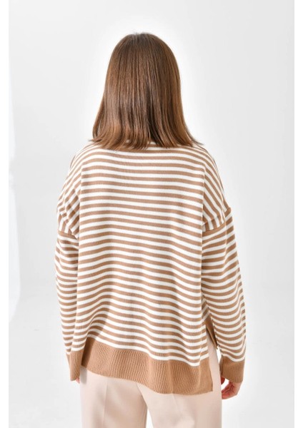 Kadın Kazak Çizgili Yuvarlak Yaka Kazak Camel - 224520 fiyatları