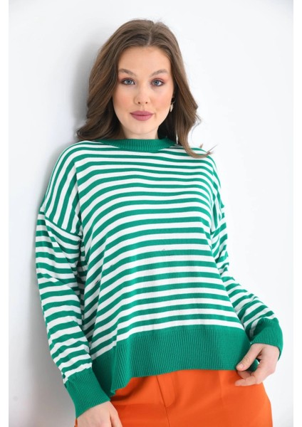 Kadın Kazak Çizgili Yuvarlak Yaka Ince Kazak Yeşil - 10147