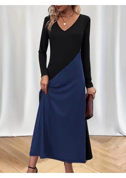 Kadın Uzun Kollu V Yakalı Blok Desenli Viskon Elbise