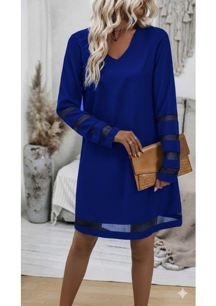 Kadın Uzun Kollu V Yakalı Tül Şerit Detaylı Mini Krep Elbise